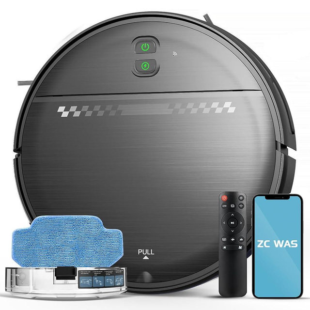 ZC WAS Robot Vacuum and Mop for Pet Hair, 2-in-1 Robot Vacuum Cleaner for Hard Floors&Carpets with 2.87'' Slim Design, Wi-Fi/App/Voice Control, 3D Obstacle Avoidance & Self-Charging