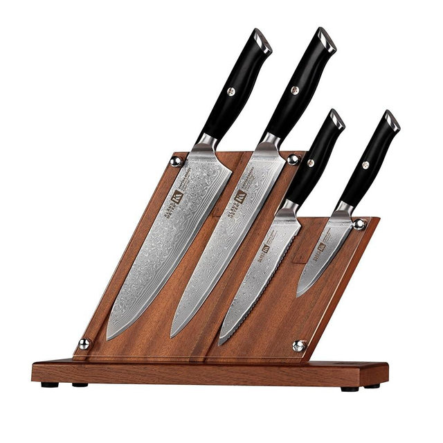 Klaus Meyer 5 Piece Damascus Knife Block Set, 67-Layer High Carbon Damascus Steel, Ultra-Sharp Kitchen Knife Set with Magnetic Wooden Block