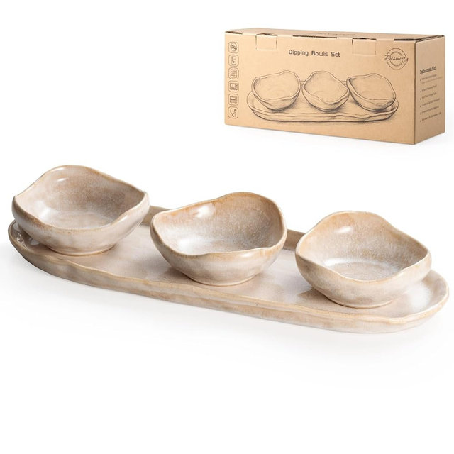 Besmeety Chip and Dip Serving Set of 4, Soy Sauce Dish with Serving Platter | Ceramic Dipping Bowls with Plate, Farmhouse Small Bowls for Condiment Ketchup, Dessert Plates for Sushi, Tapas ＆ Appetizers