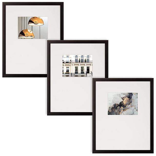 Instapoints 3 Piece Picture 18" x 24" Matted to 8" x 10" with Offset Mat & Hanging Template Gallery Wall Frame Set, Black