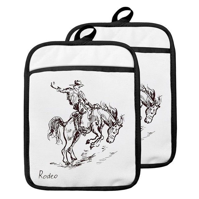 GOOZHO Western Pot Holders with Pockets, Cowboy Gifts for Men, Vintage Cowboy Rodeo Western Oven Pot Holders Heat Resistant Oven Mitts Hot Pads for Kitchen Baking Cooking