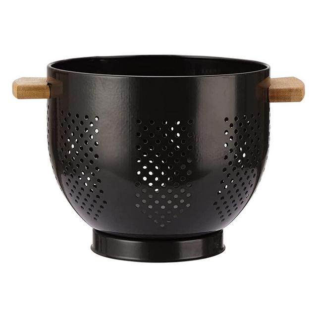 Metal Colander with Wood Handle, 5.5 Quart Powder Coated Steel Large Kitchen Strainer Stable Base,Grey Black