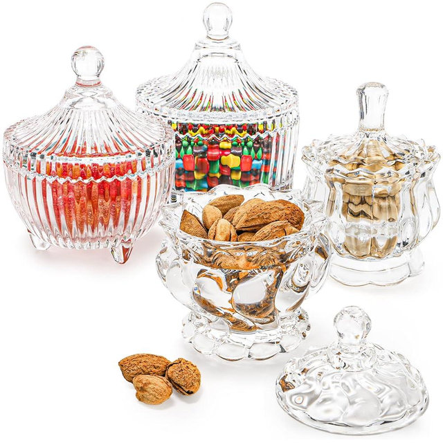 Youeon Set of 4 Glass Candy Dish with Lid, Crystal Decorative Candy Bowl, Cookie Jar, Jewelry Dish, Small Glass Covered Jars for Buffet, Kitchen, Home, Office Desk