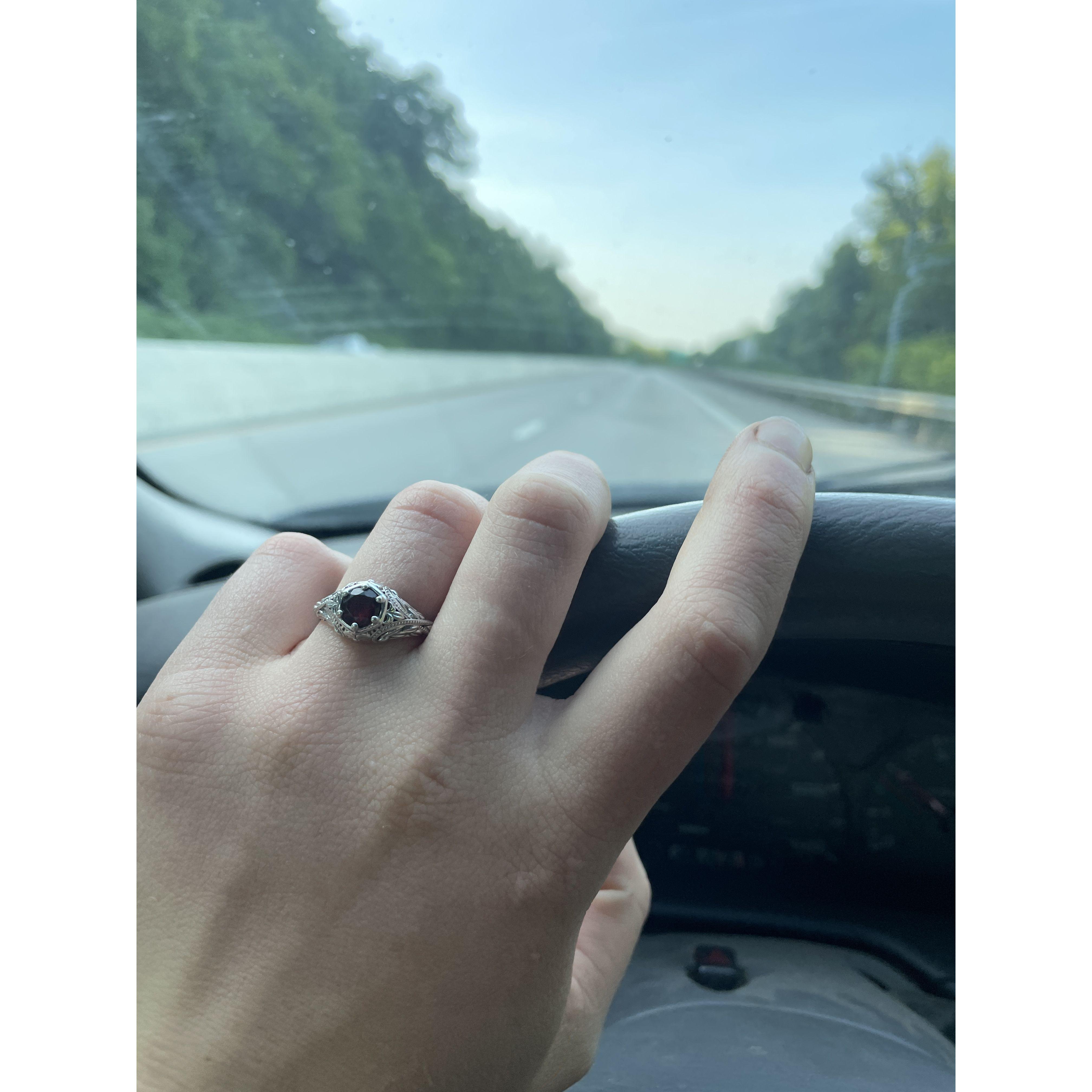 First photo of engagement ring, taken about 5 hours after Nick proposed.