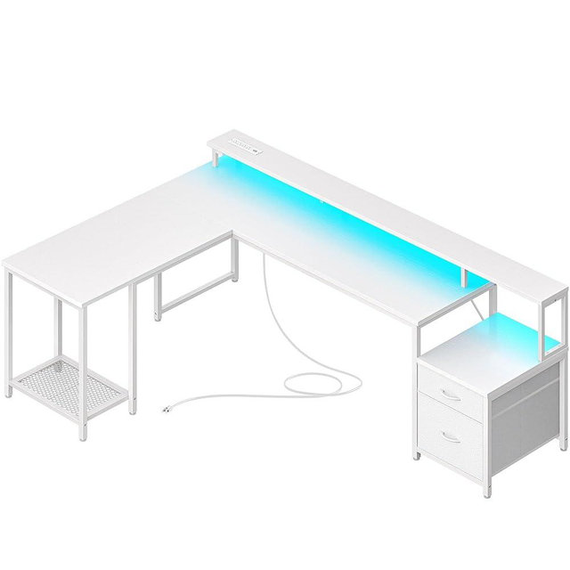 PRAISUN 66" L Shaped Gaming Desk with LED Lights & Power Outlets, Computer Desk with Fabric Drawers and Print Stand, Corner Office Desk, Monitor Stand, Mesh CPU Stand, White