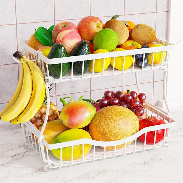 Zurklulu White 2 Tier Large Fruit Basket for Kitchen Counter with 2 Banana Hangers, Metal Fruit Bowl for Onion Vegetable Bread Snack, Countertop Organizer – 14.5" W x 9.5" D