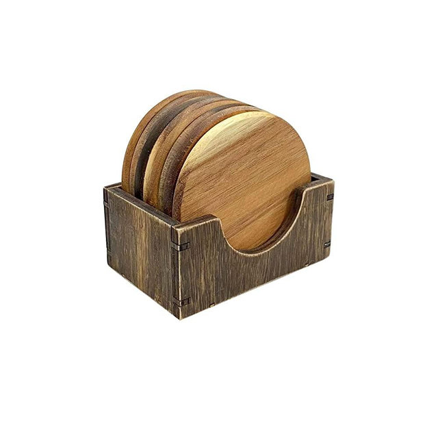 Acacia Wood Drink Coasters with Rustic Holder, 3.68 Inch Round Wooden Coasters ,8 Pieces Cup Coasters Set