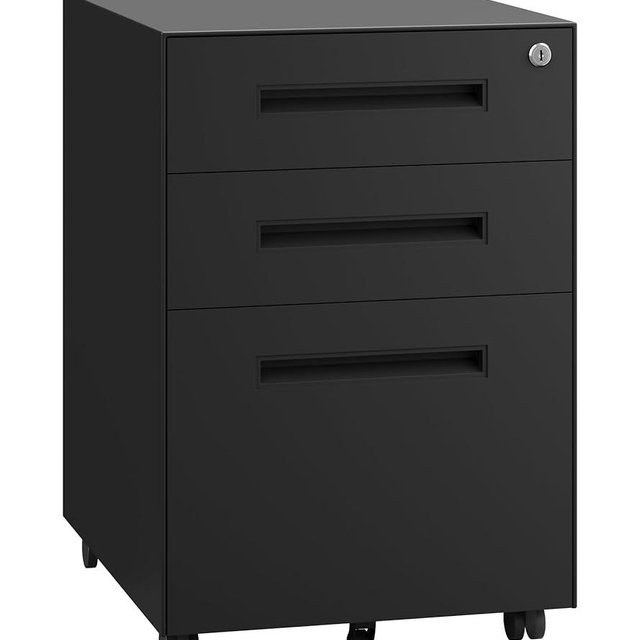 Dripex 3 Drawer Black File Cabinet, Mobile Under Desk Storage File Cabinet with Lock on Wheels, Fully Assembled, Letter/Legal Size, Small Short Vertical Metal Rolling Filing Cabinets for Home Office