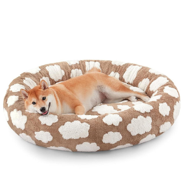 JOEJOY Donut Dog Bed Medium Size Dog, Cute Round Calming Pet Bed with Removable Washable Cover, Orthopedic Puppy Bed with Jacquard Shaggy Plush & Non Skid Bottom