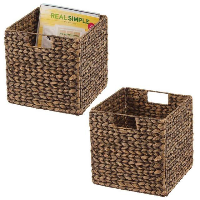 mDesign Natural Woven Hyacinth Closet Storage Organizer Basket Bin - Collapsible - for Cube Furniture Shelving in Closet, Bedroom, Bathroom, Entryway, Office - 10.5 Inches High, 2 Pack - Brown Wash