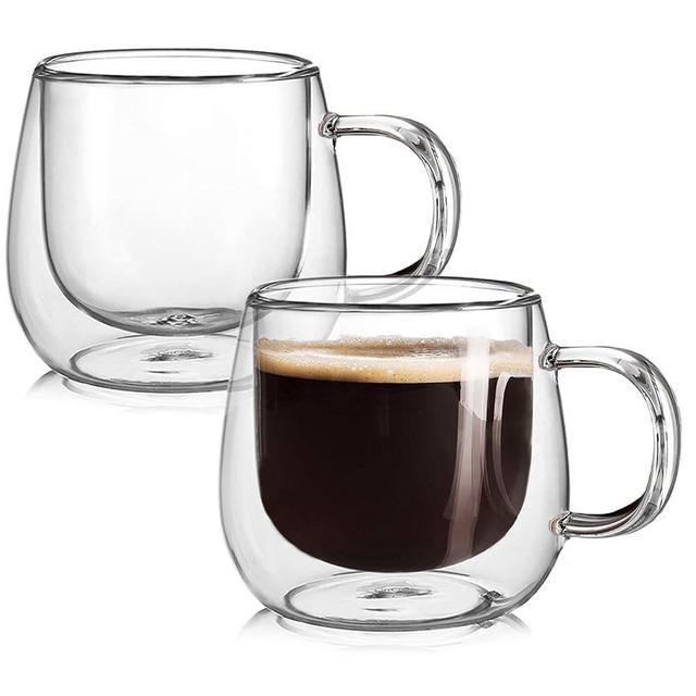 BNUNWISH Double Wall Glass Coffee Mugs 16oz Set of 2 Insulated Clear Tea Cups with Handle, Perfect for Espresso, Latte and Cappuccinos …
