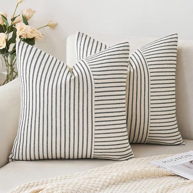 MIULEE Black and Beige Patchwork Farmhouse Pillow Covers 18x18 Inch, Pack of 2 Striped Linen Decorative Modern Accent Pillow Cases for Sofa Couch Bedroom