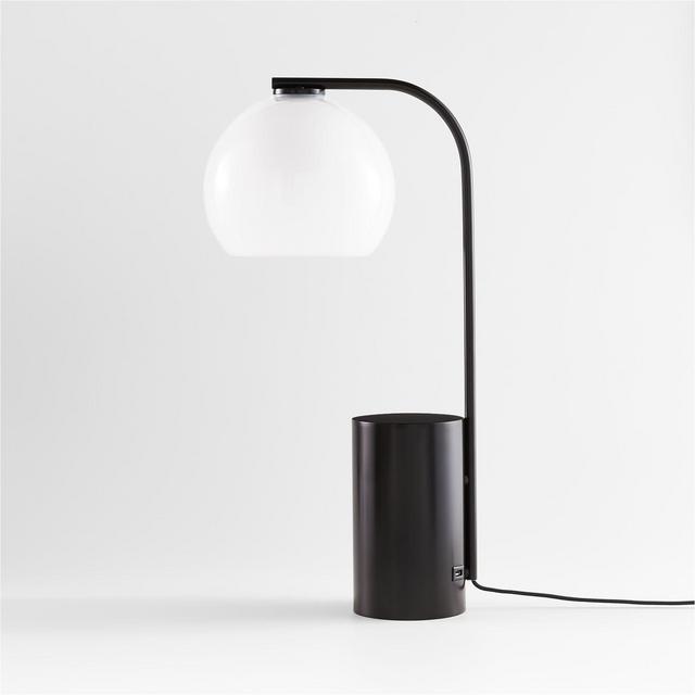 Arren USB Black Table Lamp with Milk Round Shade
