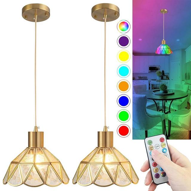 2-PACK Battery Operated Pendant Light-brass Art Glass Shade Hanging Light No Wiring,Rechargeable Light Bulbs With Remote-30+Hours Battery Life For Indoor Wireless Kitchen Lighting ( Color : Transparen
