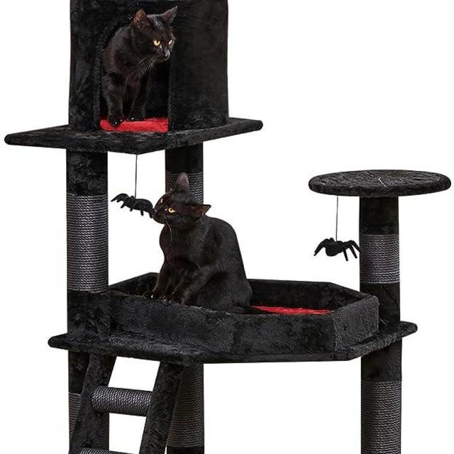 55" Gothic Cat Tree with Coffin, Spooky Cat Tower Condo with Sisal Scratching Posts,Multi-Level Cat Activities Furniture for Large Cats, Black Halloween