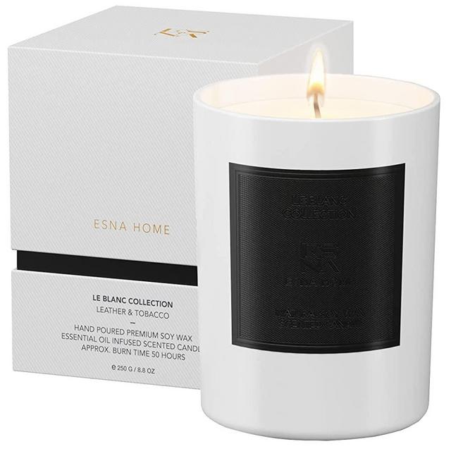 ESNA HOME Leblanc Leather & Tobac Premium Aromatherapy Scented Candles | Gifts for Her | All Natural Essential Oils Soy Candles | 8.8oz 50 Hours Long Burning | Votive Candle with Matching Gift Box