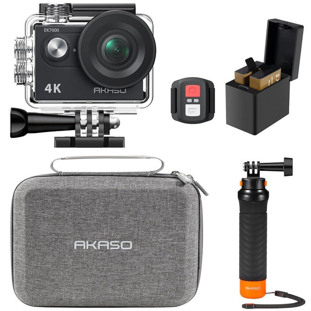 AKASO EK7000 4K30fps 20MP Action Camera EIS Ultra HD 131FT Waterproof Underwater Camera with Waterproof Floating Hand Grip Bundle and Carrying Case Helmet Accessories Kit Bundle