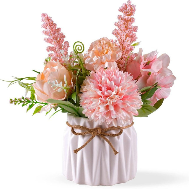 Artificial Potted Flowers Pink, Small Ceramic Vase Fake Flower Plants Desktop Decoration Indoor for Home and Office, Faux Flowers Hydrangea Decora for Table,Bookshelf,Bedroom,Living Room,Party.(Pink)