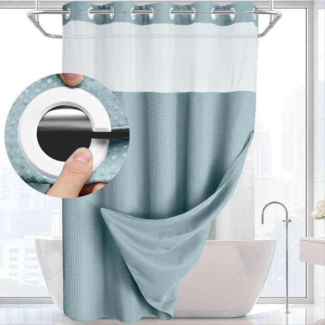 YellyHommy No Hook Shower Curtain with Snap in Liner Set Less Time Waffle Shower Curtain for Bathroom 75" L x 72" W Cyan