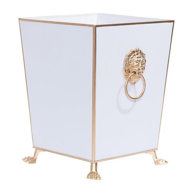 Jaye's Studio Decorative Trash Can for Bathroom, Bedroom Wastebasket, Office Trash Bin with Feet, Hand-Painted White Metal Trash Can No Lid, Gold Trim, Farmhouse Garbage Can, Paws & Claws Lion’s Head