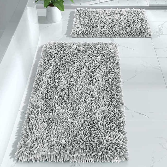 Yimobra Bathroom Rugs Sets 2 Piece, Luxury Shaggy Extra Thick Bathroom Rugs, Plush Non-Slip Mats for Bath Room Floor, Machine Wash, Ultra Absorbent, 31.5 x 19.8 + 24 x 17 Inches, Light Grey