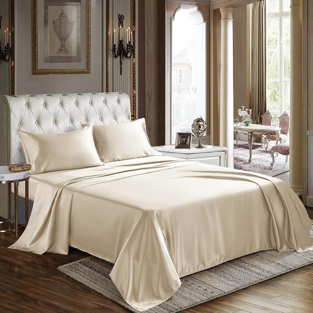 CozyLux Satin Sheets King Size - 4 Piece Champagne Bed Sheet Set with Silky Microfiber, 1 Deep Pocket Fitted Sheet, 1 Flat Sheet, and 2 Pillowcases - Smooth and Soft