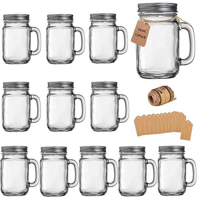 Mason Jar Cups, Mason Jars With Handle And Lids, Mason Jar Drinking Glasses, Glass Mason Jar Mugs 16 oz –12 Pack