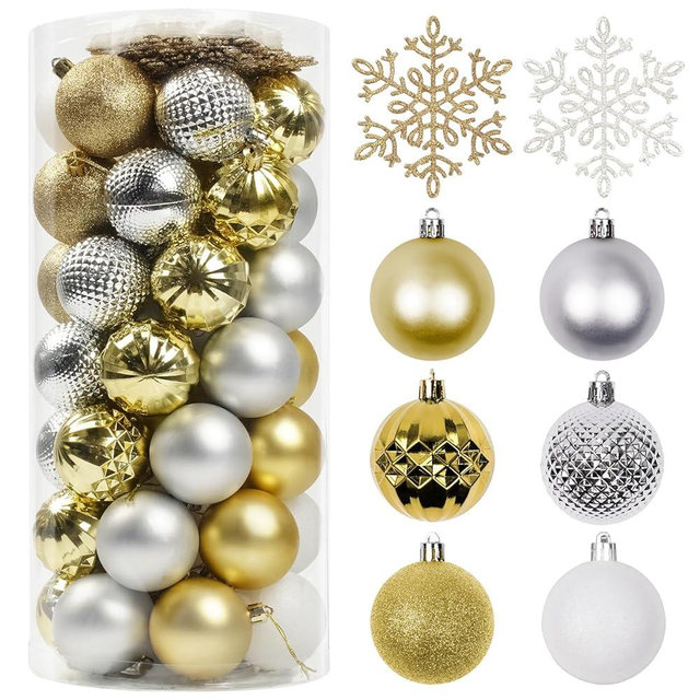 Christmas Tree Decorations Ornament Set, 60ct 2.36 Inches White Sliver and Gold Shatterproof Christmas Ball Ornaments, Hanging Ball for Xmas Holiday Wedding Party Decor