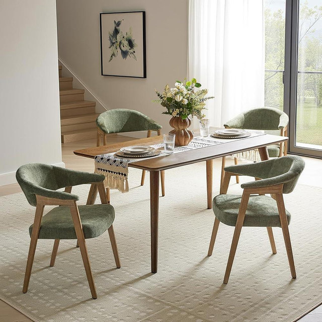 HULALA HOME Mid-Century Modern Dining Chairs Set of 4, Olive Green Wooden Upholstered Kitchen Chairs with Armrest, Curved Backtrst & Wood Legs Armchairs Accent Chairs for Dining Living Room - Moss