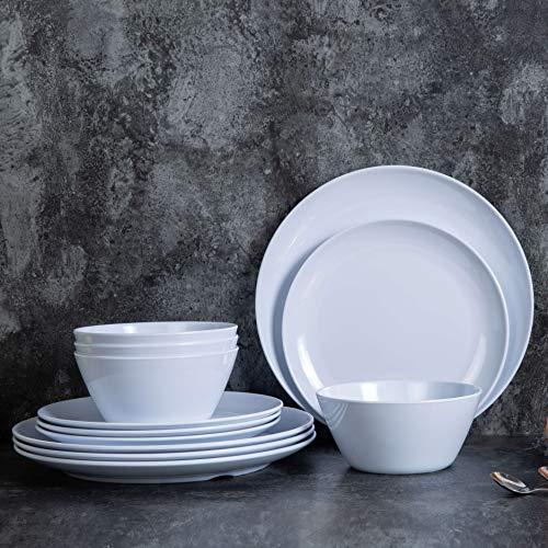 Dishes Dinnerware Set - 12pcs Melamine Plates and Bowls Set for 4, Indoor and Outdoor Use, Dishwasher Safe, White