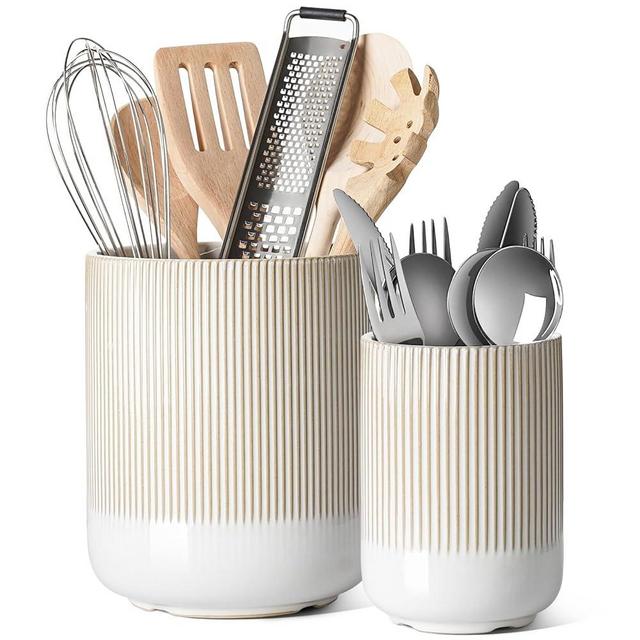 LE TAUCI Utensil Holder, 7.3"+5.4" Ceramic Kitchen Utensil Holder for Countertop, Large Cooking Utensil Crocks for Kitchen Counter, Morden Utensil Organizer for Cutlery, Set of 2, Reactive Glaze White