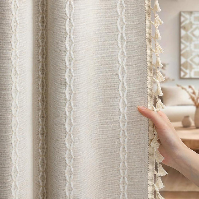 XOGUIBO Boho 80% Blackout Curtains with Gray Liner 84 Inches Long 2 Panels Set, Beige Linen Blend Drapes with Tassels and Cotton Embroidered for Living Room Bedroom