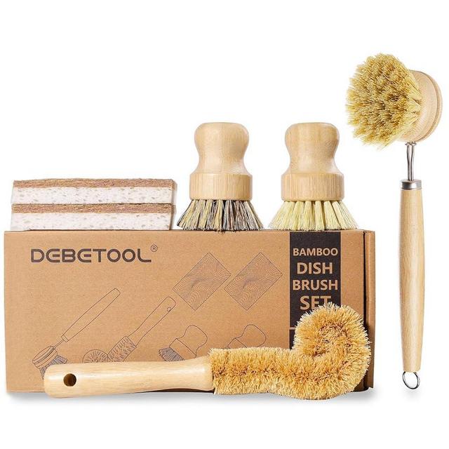 DEBETOOL 6 Piece Bamboo Dish Brush Set with Coconut Sponge - Wooden Dish Brush with Sisal and Palm Fiber, Natural Bamboo Dish Scrub Brush for Kitchen Cleaning Dishes, Pots, Pans, Bottles, Vegetables