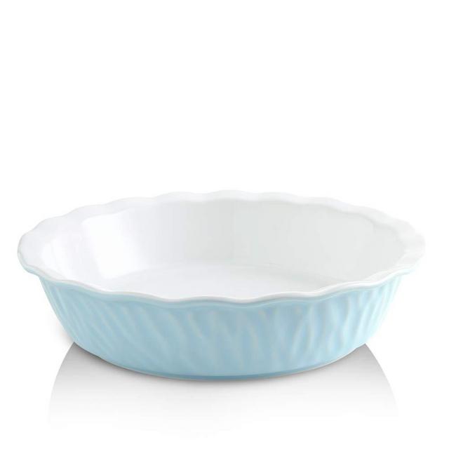 KOOV Ceramic Pie Pan, 10 Inches Pie Dish, Pie Plate for Dessert Kitchen, Round Baking Dish for Dinner, Texture Series (Sky)