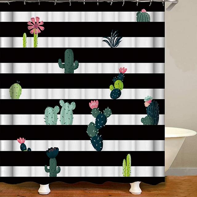 OCCIGANT Cactus Decor Shower Curtain Various Tropical Plant Cactus Print on Horizontal Black and White Stripes Waterproof Polyester Fabric Bathroom Set with Hooks 72"×72"