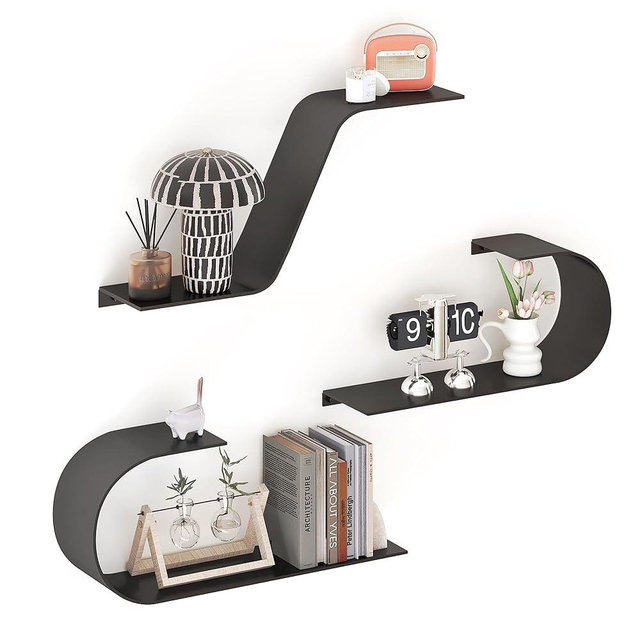 BUTUNITA Black Floating Shelves Set of 3, Black Metal Decor, Unique Mounted Floating Shelf, Modern Long Wall Shelf, Large Wall Shelves for Bedroom, Bathroom, Living Room