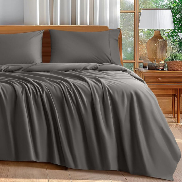 Shilucheng 100% Cotton King Size Sheets Set - 600 Thread Count，Luxury Egyptian Cotton Bed Sheets，5-Star Hotel Quality Sheets, Breathable & Cooling, 16 Inch Deep Pocket - 4 Piece (Dark Grey, King)