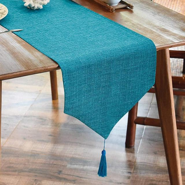 BALCONY & FALCON Linen Table Runner Washable Waterproof Table Runners Wipeable Home Decoration Tablecover for Dining Room Kitchen - Blue 35x300