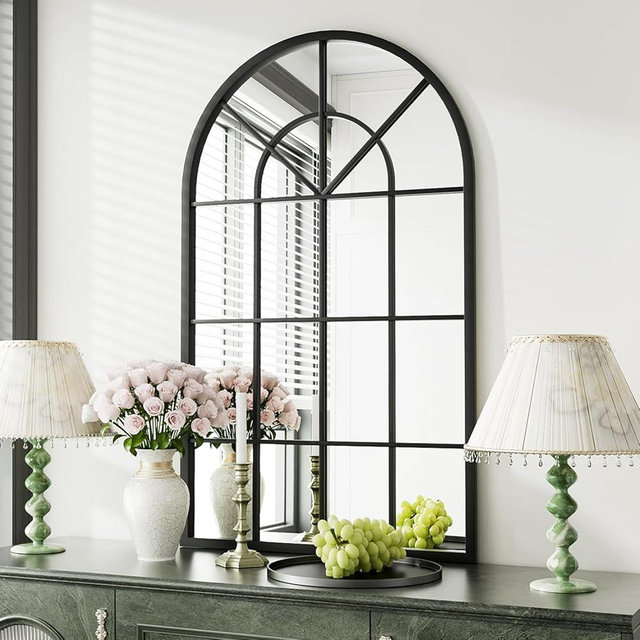 TinyTimes Arched Window Wall Mounted Mirror, 24"x42", Arched Window Pane Mirror Decorative for Entryway, Wall Decor Mirror for Bathroom Vanity, Living Room or Bedroom, Iron Frame, Black