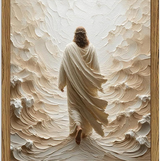 Jesus Walking on Water Wall Art, Frame 3D Textured Hand Drawn Sandstone Christian Wall Decor Paintings, Religious Spiritual Pictures for Living Prayer Room Bedroom 24x36 inch Wood Framed