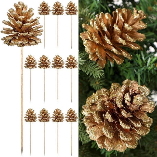 Thiccywoov 12 Pcs Gold Christmas Glitter Pine Cones Picks for Christmas Tree 3.15 Inches Pinecone with Wired Stem Artificial Xmas Tree Ornaments Decorations for Garland Wreath DIY Craft