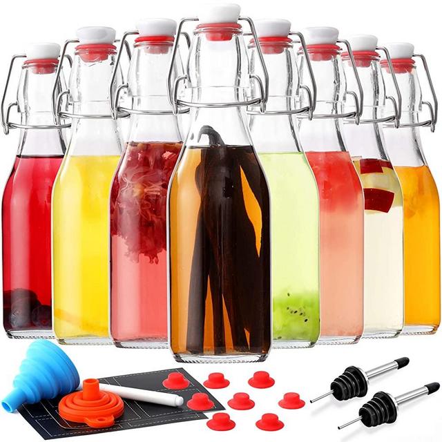 [ 8 Pack ] Swing Top Glass Bottles - 8.5 oz Flip Top Beer Brewing Bottles for 2nd Fermentation, Kombucha, Kefir, Vanilla Extract, Coquito, Liquor, Juice, Tea - Airtight Cap Lids, Bonus 2 Bottle Pourer