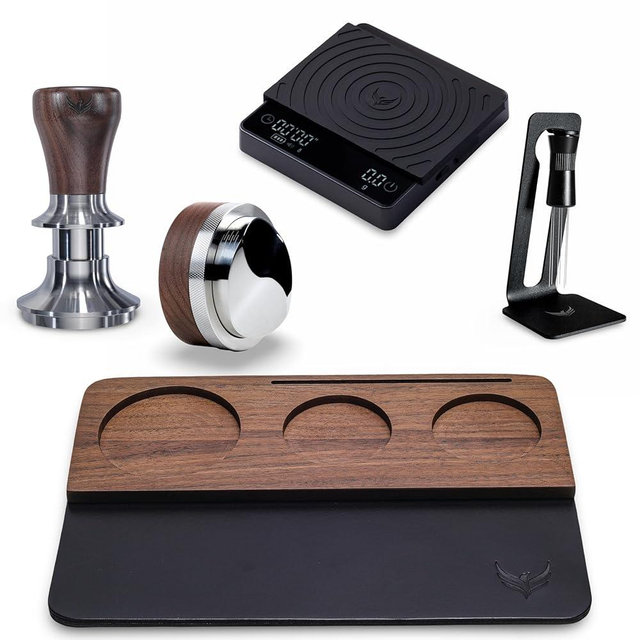 KNODOS 58mm Espresso Puck Prep Kit – Spring Loaded Tamper, Leather Espresso Organizer Mat, Adjustable Distribution Tool, Smart Digital Scale & WDT Prep Device Compatible with Rancilio, Lelit, ECM