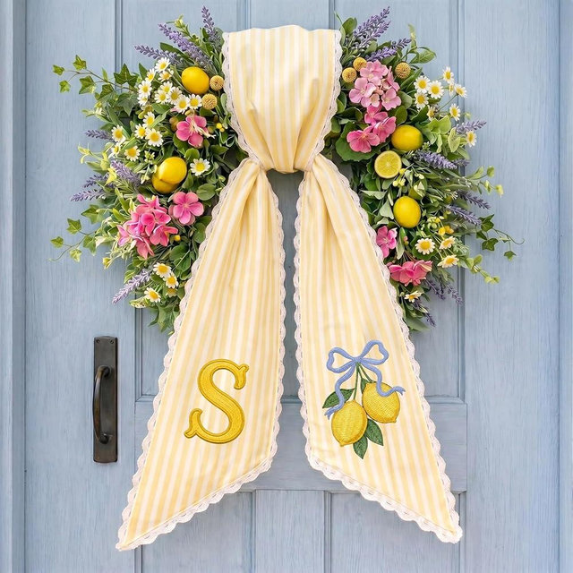 Personalized Linen Easter Wreath Sash with Embroidered Monogram, Custom Wreath Ribbon for Front Door, Holiday Home Decor (Lemon PP04)