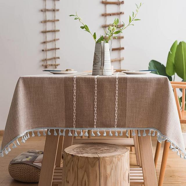 Laolitou Rustic Lattice Tablecloth Cotton Linen Waterproof Tablecloths Burlap Table Cloths for Kitchen Dining,Party,Holiday,Christmas,Buffet Coffee Lines Rectangle,55''x70'',4-6 Seats