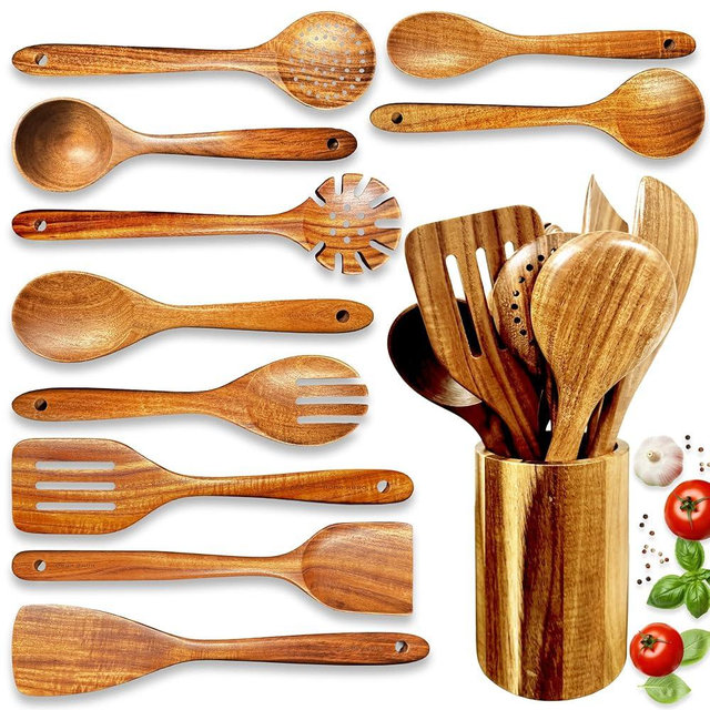 Home Hero Wooden Utensil Set 11 Pcs – Natural Teak Wooden Kitchen Utensils Set with Sturdy, Easy-to-Clean Wooden Spoons for Cooking – Non-Scratch Teak Cooking Utensils (11 pcs)