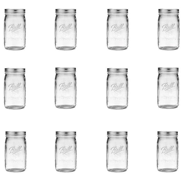 Ball Wide Mouth Clear Glass Canning Quart 32 Oz Mason Jars with Lids, 12 Pack