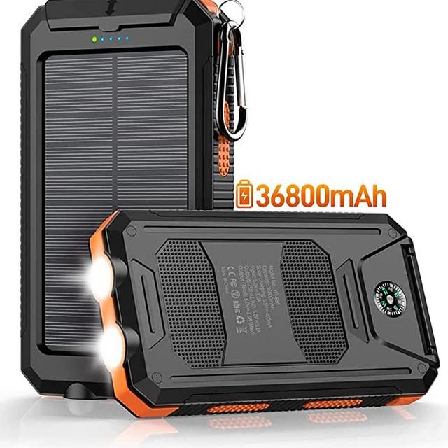 Power-Bank-Portable-Charger-Solar - 36800mAh Waterproof Portable External Backup Battery Charger Built-in Dual QC 3.0 5V3.1A Fast USB and Flashlight for All Phone and Electronic Devices (Orange)