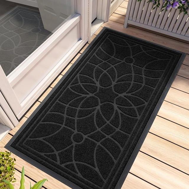 DEXI Front Door Mat Outside Entrance, Heavy Duty Non Slip Low Profile Doormat for Entryway, Trap Dirt and Moisture Welcome Mats, Easy Clean, Patio, Garage, 4x2, Black