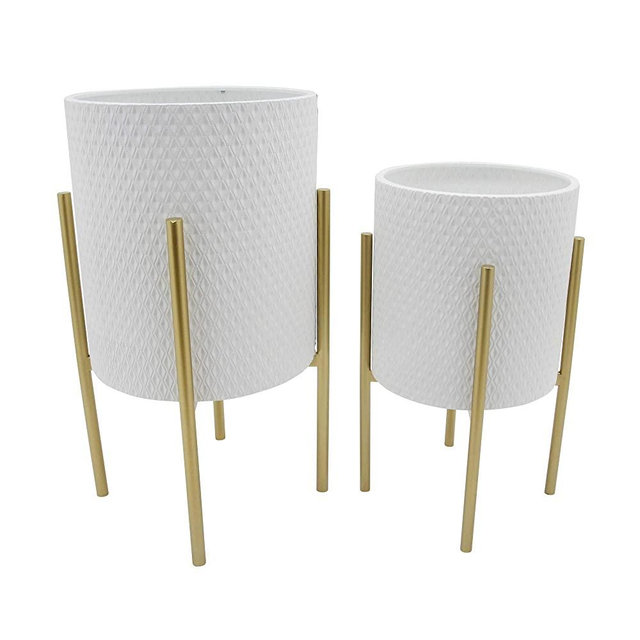 Sagebrook Home 12629-06 Honeycomb Planter On Metal Stand, White/Gold (Set of 2), 14''L x 14''W x 23''H, 2 Count